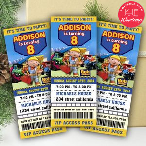 Bob The Builder Ticket Invitation Customizable Template Instant Download