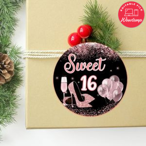 Sweet 16 Pink Circle Sticker Template Customizable To Print At Home Instant Download
