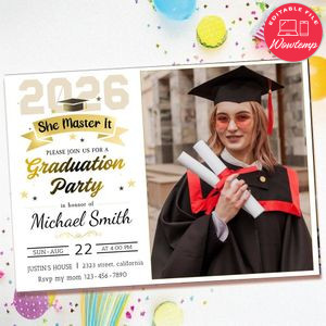 Masters Degree Invitation with photo Customizable Template to Print at Home Instant Download
