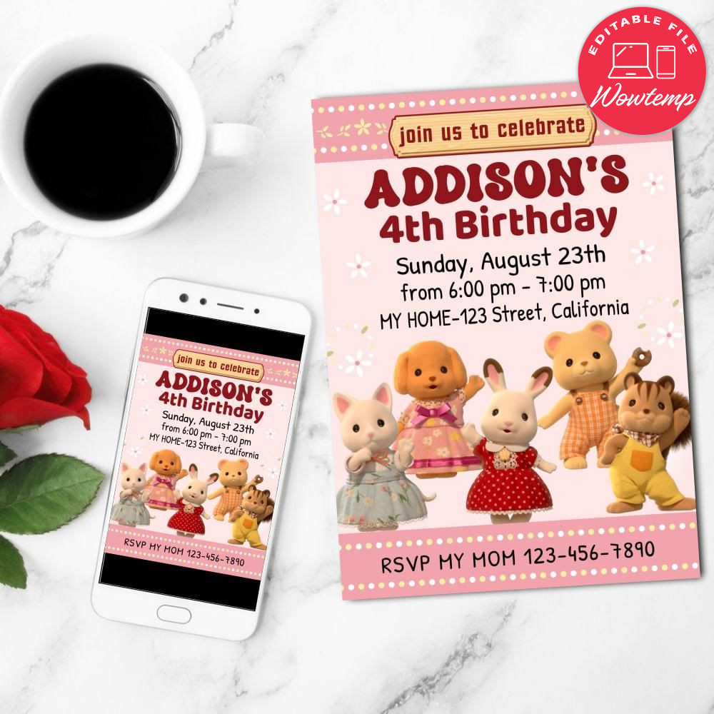 Sylvanian families Birthday Flyer Customizable Template to Print at Home Instant Download