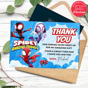 Spidey And His Amazing Friends Thank You Card Customizable Template To Print At Home Instant Download