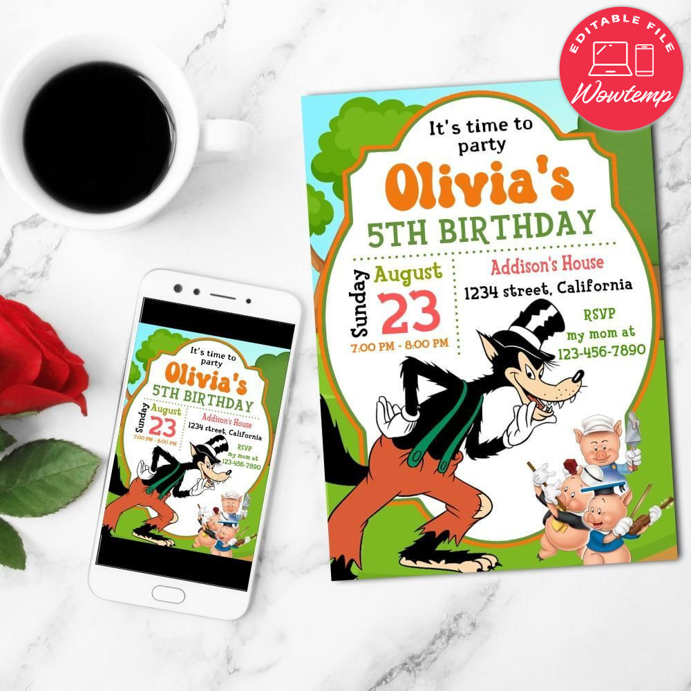 Big bad wolf Birthday Flyer Customizable Template to Print at Home Instant Download