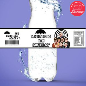 Umbrella Academy Birthday Water Bottle Label Template to Print at Home Instant Download