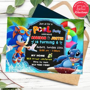 Sonic and Stitch pool party Invitation Customizable Template to Print at Home Instant Download