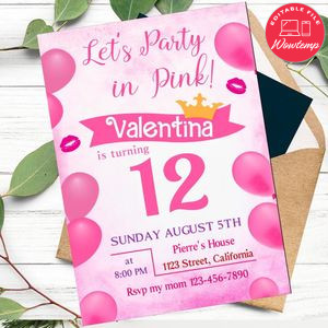 Ladies Pink Birthday Invitation Customizable Template to Print at Home Instant Download