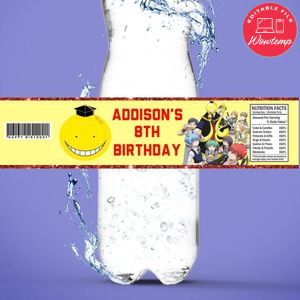 Assassination classroom graduation Birthday Water Bottle Label Template to Print at Home Instant Download