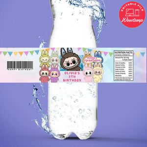 Labubu Birthday Water Bottle Label Template to Print at Home Instant Download