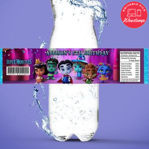 Super Monster Bottle Label Birthday Water Bottle Label Template to Print at Home Instant Download