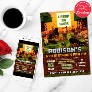 Jungle Minecrafter Birthday Mobile Invite Customizable Template Instant Download