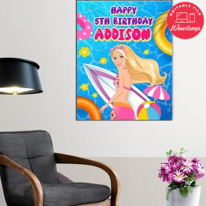 Barbie Pool Birthday Poster Digital File Printable Instant Download