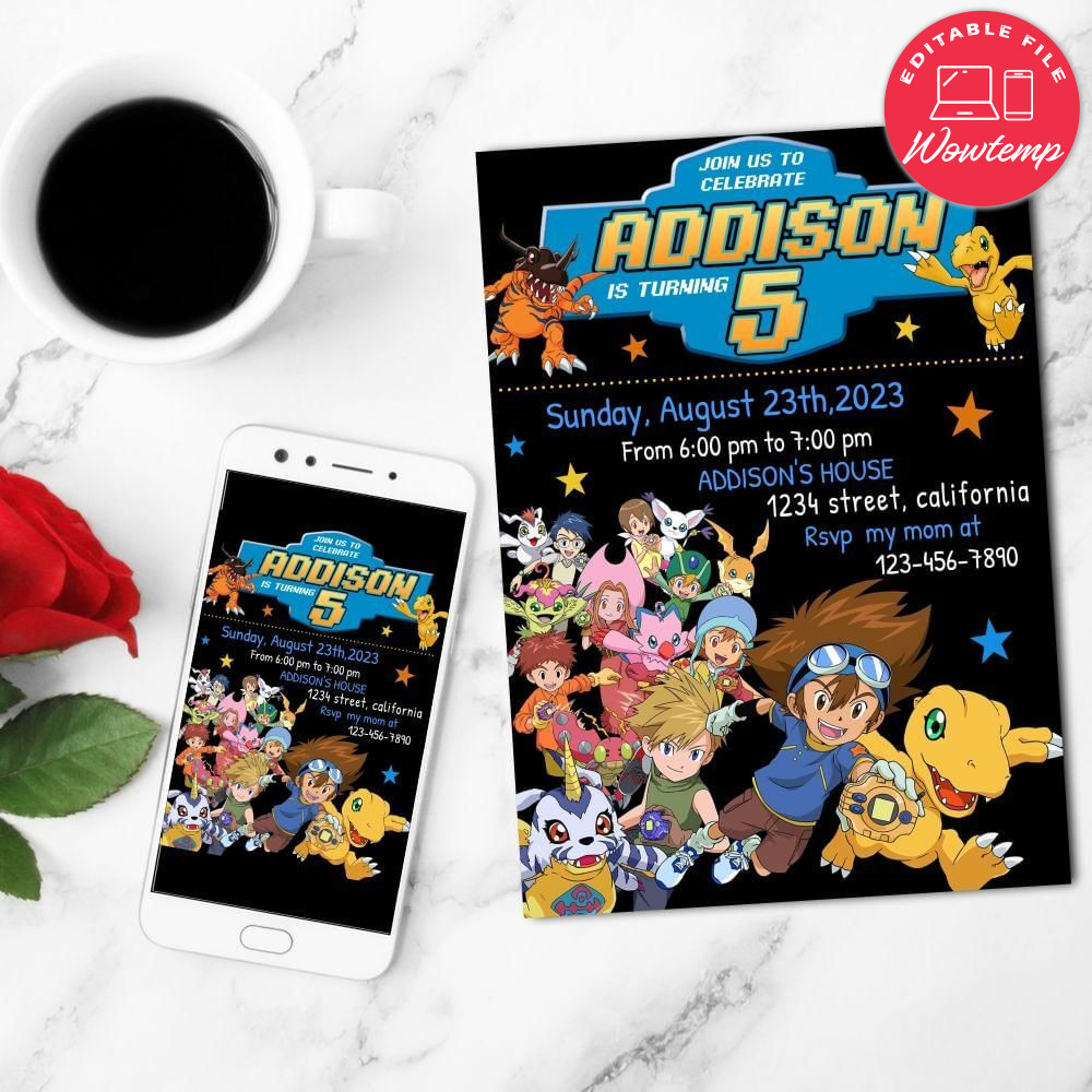Digimon Birthday Flyer Customizable Template to Print at Home Instant Download