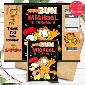 Garfield Birthday Honey Buns Snack Bag Label Customizable Instant Download
