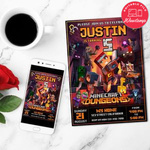 Minecraft Dungeons Birthday Mobile Invite Customizable Template Instant Download