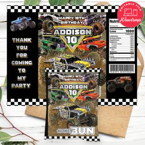 Monster Truck Birthday Honey Buns Snack Bag Label Customizable Instant Download