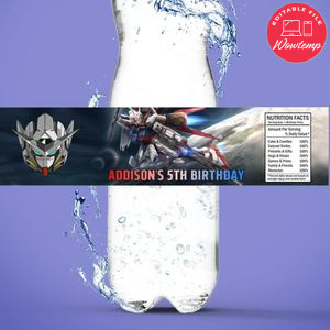 Gundam Birthday Water Bottle Label Template to Print at Home Instant Download