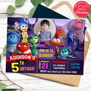 Inside out 2 Birthday Invitation with Photo Customizable Template to Print at Home Instant Download