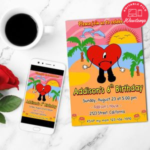 Bad Bunny Birthday Mobile Invite Customizable Template Instant Download