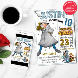 White Inspector Gadget Birthday Flyer Customizable Template to Print at Home Instant Download