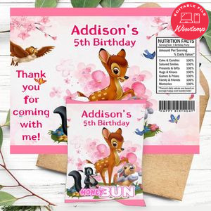 Bambi Magic World Birthday Honey Buns Snack Bag Label Customizable Instant Download