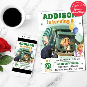 Trash Truck Mobile Invite Customizable Template Instant Download