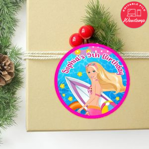 Barbie Pool Circle Sticker Template Customizable to Print at Home Instant Download