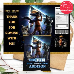 Puss In Boots The Last Wish Birthday Honey Buns Snack Bag Label Customizable Instant Download