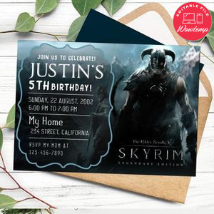 Skyrim video game Invitation Customizable Template to Print at Home Instant Download