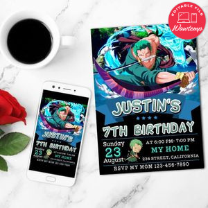 Zoro One Piece Anime Birthday Mobile Invite Customizable Template Instant Download