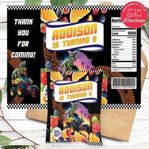 T Rex Dinosaur Monster Truck Birthday Party Fruit Snack Bag Digital File Printable Instant Download