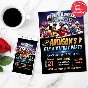 Power ranger ninja steel Birthday Invitation Customizable Template to Print at Home Instant Download