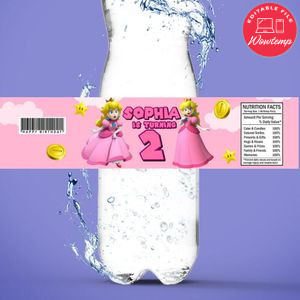 Princess Peach Birthday Water Bottle Label Template to Print at Home Instant Download
