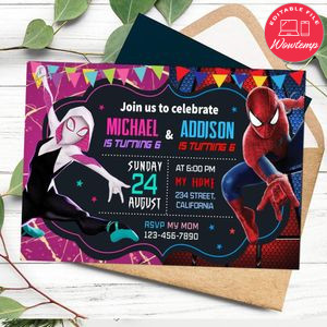 Gwen Stacy and Spiderman Invitation Customizable Template to Print at Home Instant Download