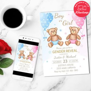Teaddy Bear Gender Reveal Mobile Invite Customizable Template Instant Download