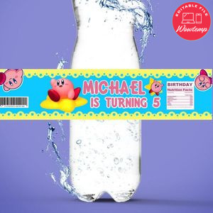 Kirby Birthday Water Bottle Label Template to Print at Home Instant Download
