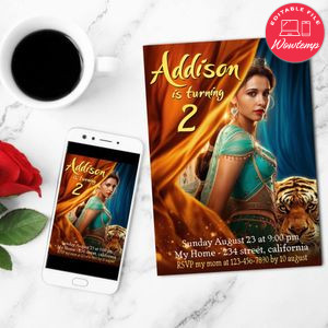 Aladdin Jasmine Birthday Mobile Invite Customizable Template Instant Download
