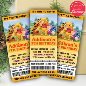 Winnie The Pooh Ticket Invitation Customizable Template Instant Download