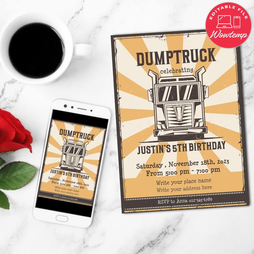 Dump Truck Invitation Customizable Template DIY | Wowtemp