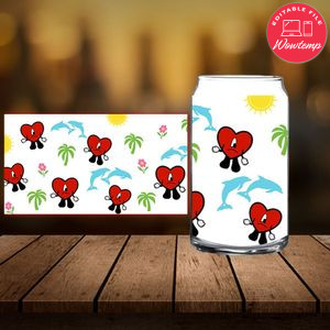 Heart Bad Bunny Libbey Glass Can Customizable Template Instant Download