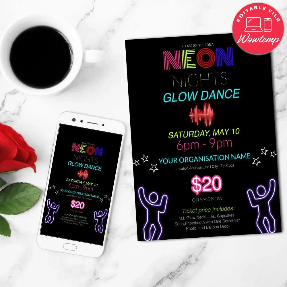 School Glow Dance Party Flyer Customizable Template DIY | Wowtemp