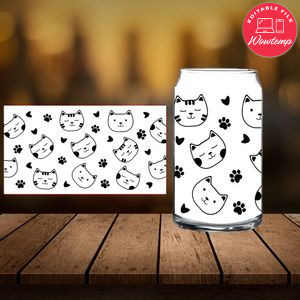 Cute Cat Libbey Glass Can Customizable Template Instant Download