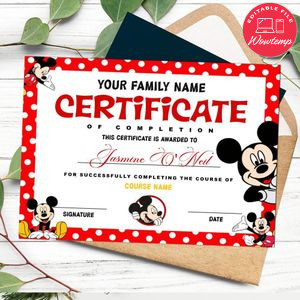 Mickey mouse Certificate Template Customizable Instant Download