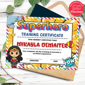 Wonder woman Certificate Template Customizable Instant Download
