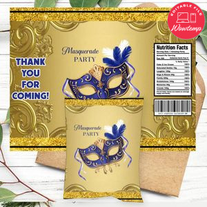 Royal Blue and Gold Masquerade Chip Bag Customizable template instant download