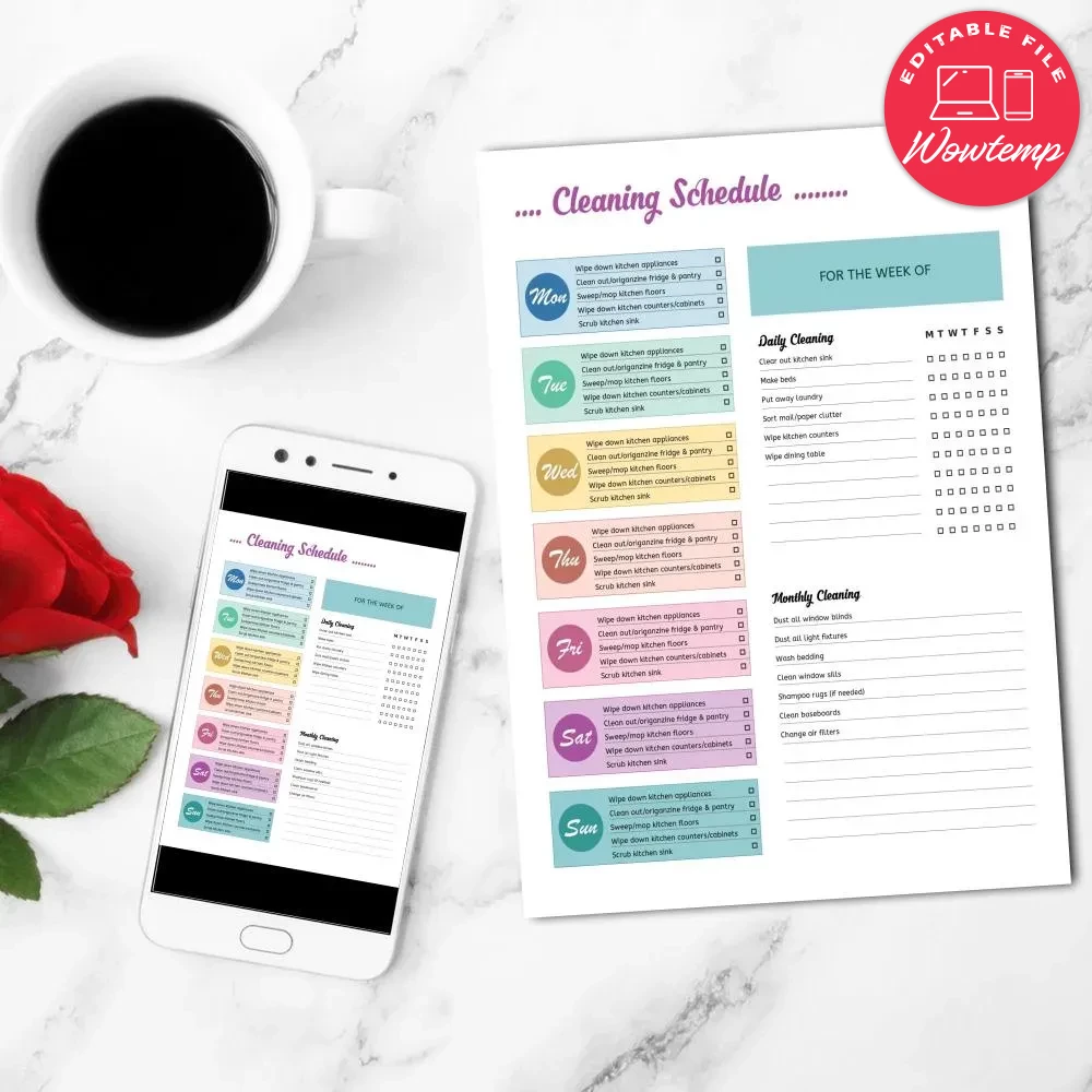 Cleaning Schedule Template Customizable Instant Download | Wowtemp