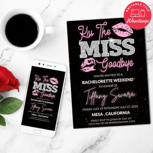 Kiss the Miss Goodbye Bachelorette Party Invitation Template Customizable Instant Download